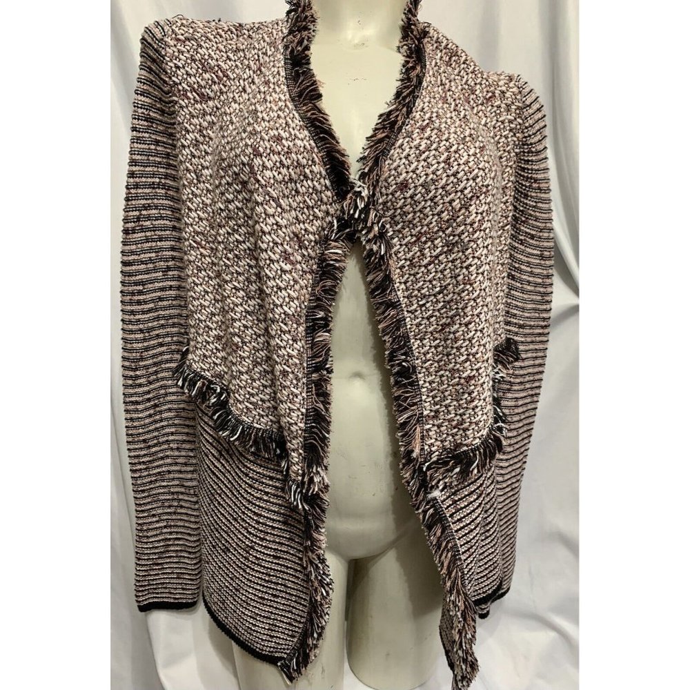 White House Black Market Jacket Sweater XS Black Pink Fringe Trim Long  Sleeves